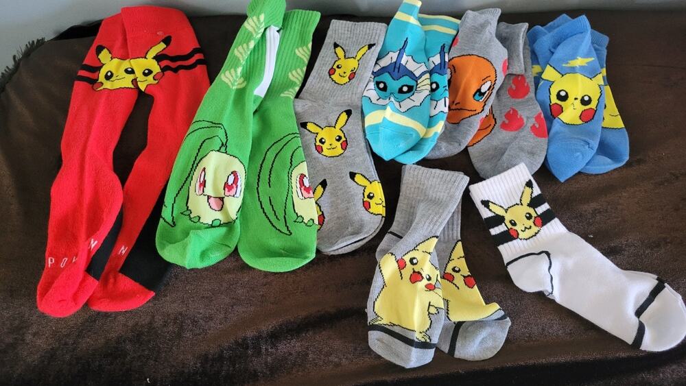 Pokemon Socks Lot 9 Pairs Pikachu Charmander Vaporeon Chikorita Crew Knee High